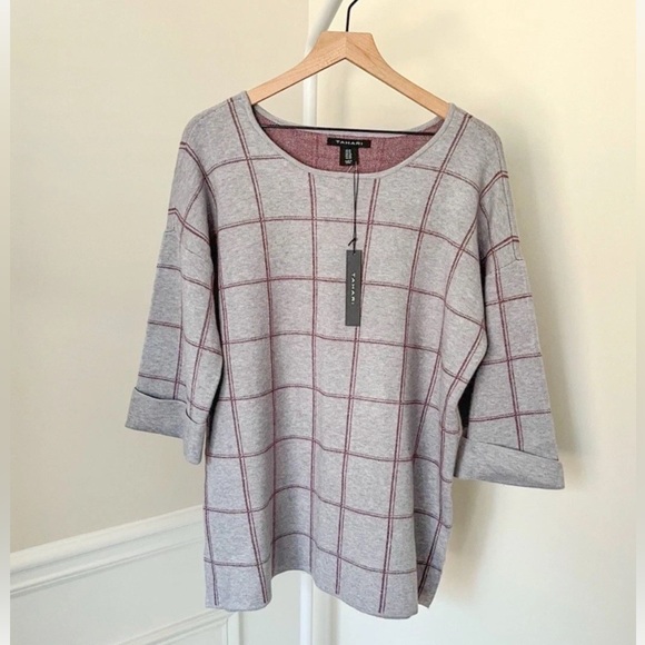 Tahari Sweaters - NWT TAHARI Pullover Plaid Knit Sweater Top 3/4 Sleeves Tunic Grey Red Women’s 1X